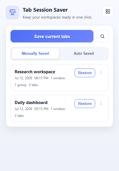Tabs Session Saver popup with saved sessions