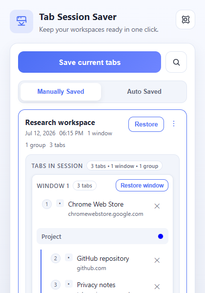 Tabs Session Saver popup with session preview open
