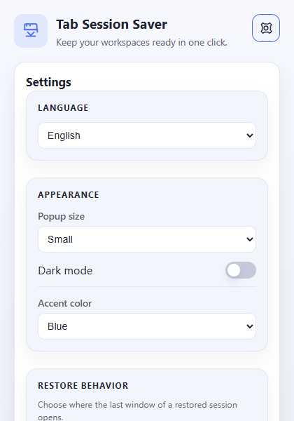 Tabs Session Saver popup settings view